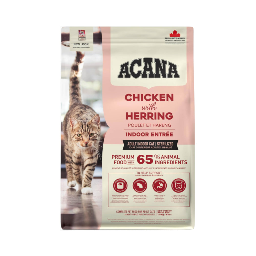 أكانا طعام جاف للقطط البالغة المنزلية المعقمة بنكهة الدجاج والرنجة