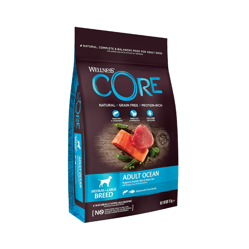 ويلنس كور طعام جاف للكلاب البالغة من السلالات المتوسطة والكبيرة لدعم صحة البشرة والفرو بنكهة التونة والسالمون
